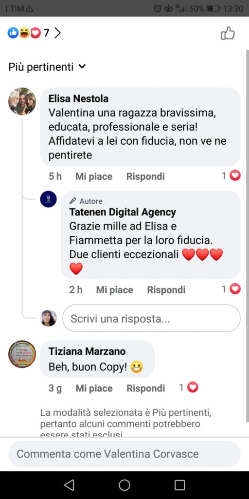 Recensione per la nostra Web Agency tramite commenti su Facebook